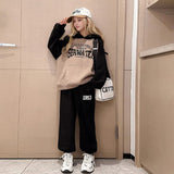 Girls Khaki Typographic Printed Hooded Sweatshirt With Pants Sets