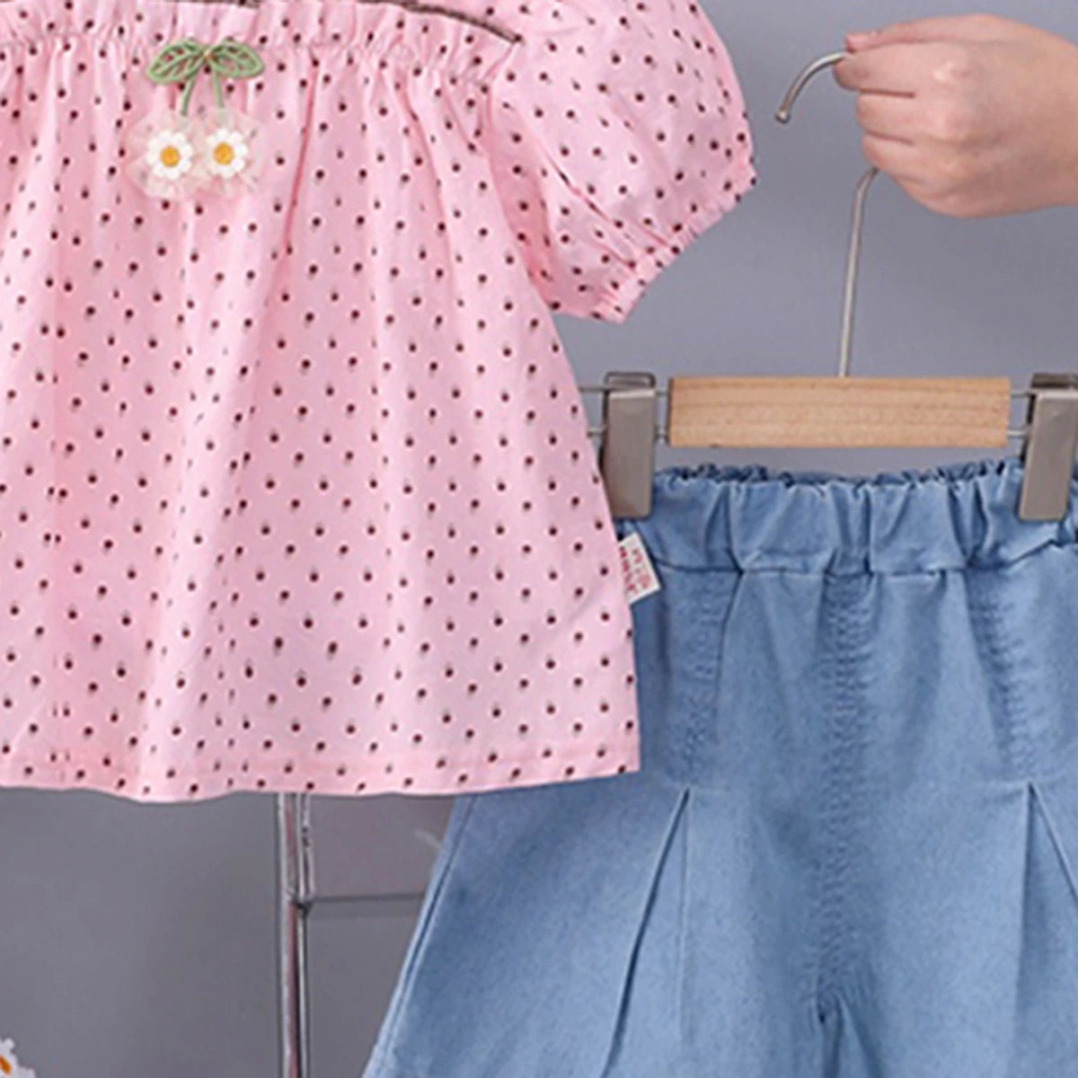 Girls Pink Polka Dot Print Top With Pleated Denim Shorts Set Sets