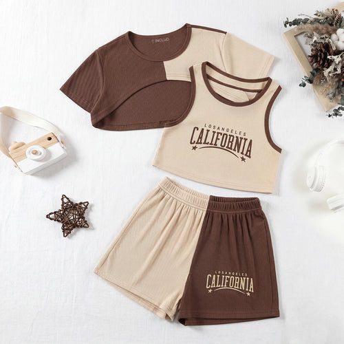 Girls Brown Typography Print Vest With Ribbed Top And Shorts Sets 3 pc. Sets Brown 7-8 Y