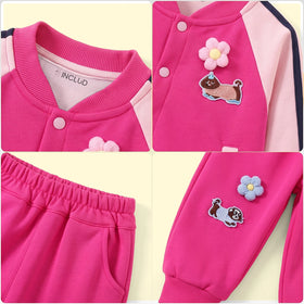 Girls Pink Floral Applique Long Sleeve Jacket With Pants Sets 2 pc. Sets