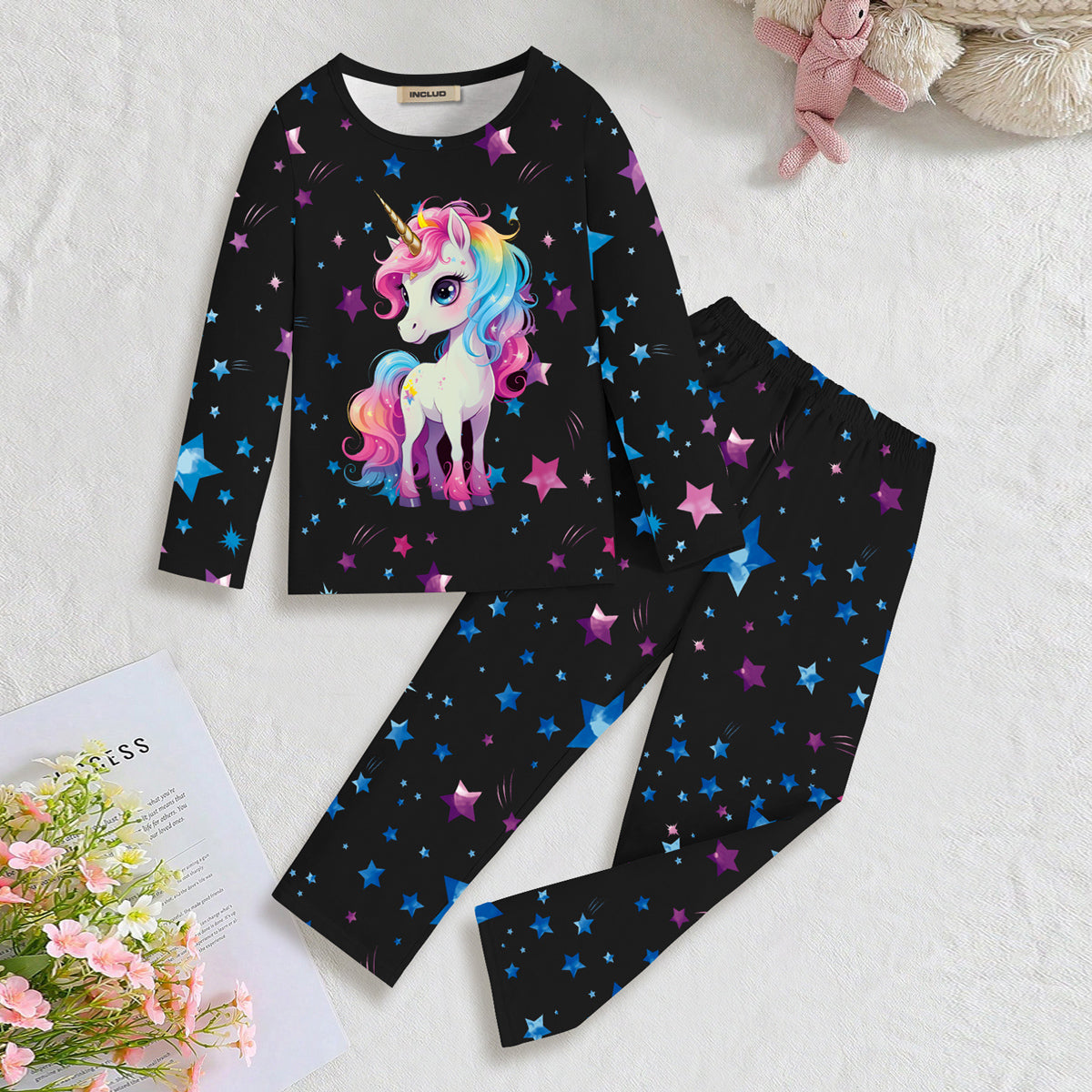 Girls Black Unicorn Printed Glow in the Dark T-Shirt & Pajama Winter Set 2 pc. Sets