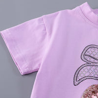 Girls Purple Cherry Embellished T-Shirt With Pleated Denim Shorts Set Sets