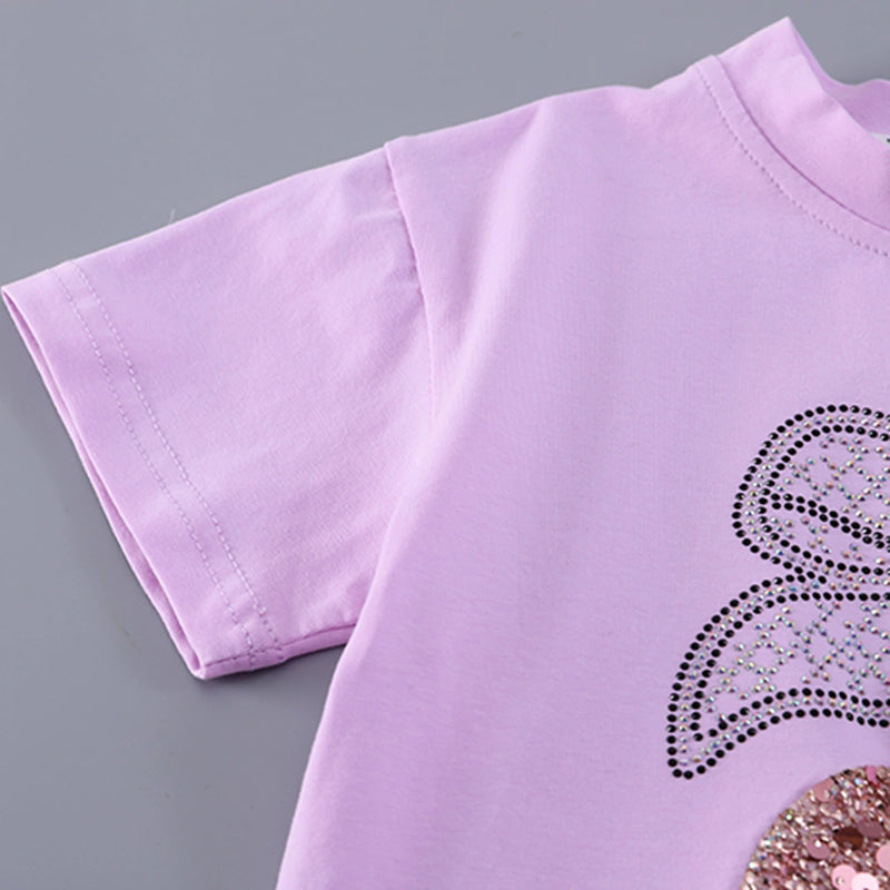 Girls Purple Cherry Embellished T-Shirt With Pleated Denim Shorts Set Sets