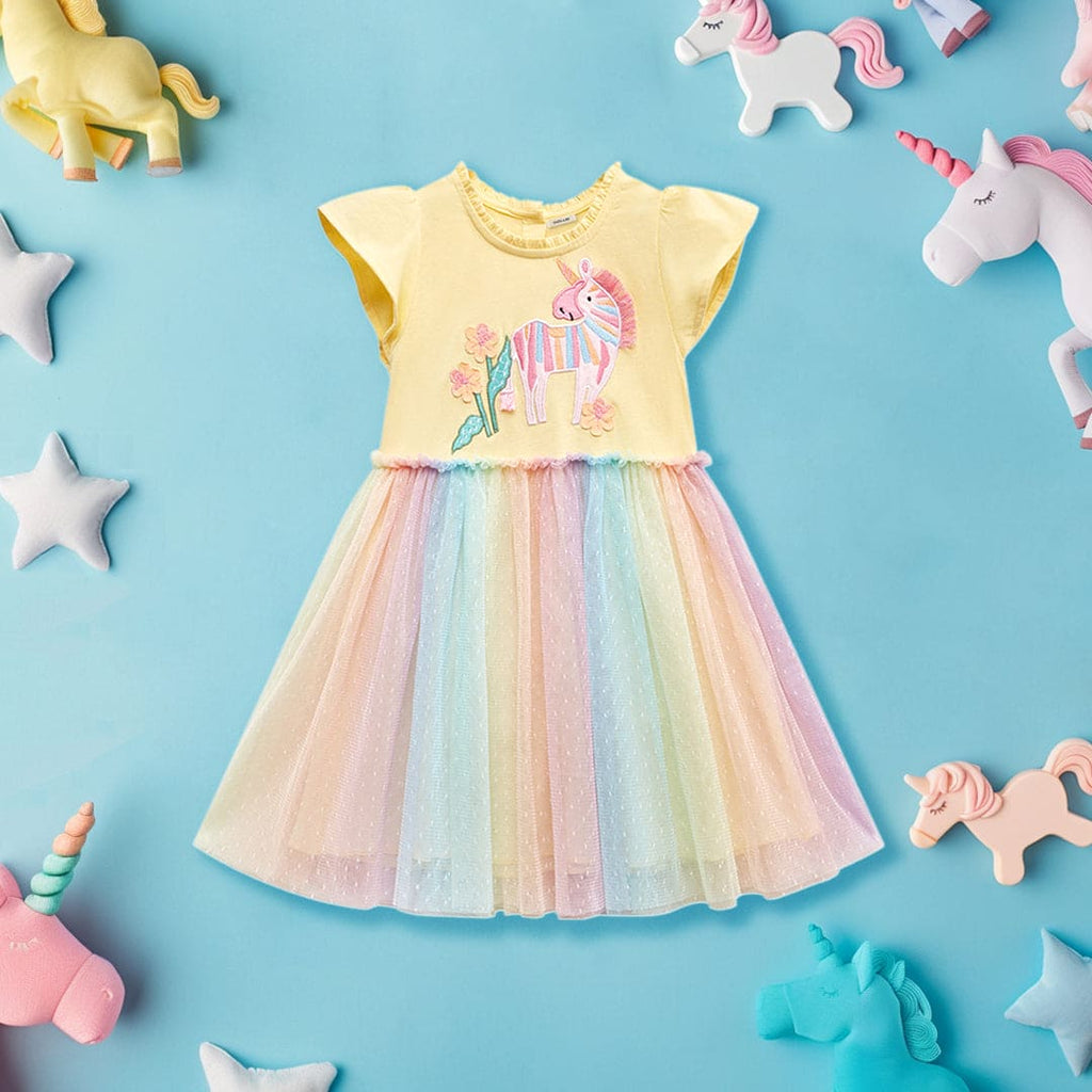 Girls Unicorn Patch with Multicolored Tulle Fit & Flare Dress Casual Dresses Yellow 1-2 Y 