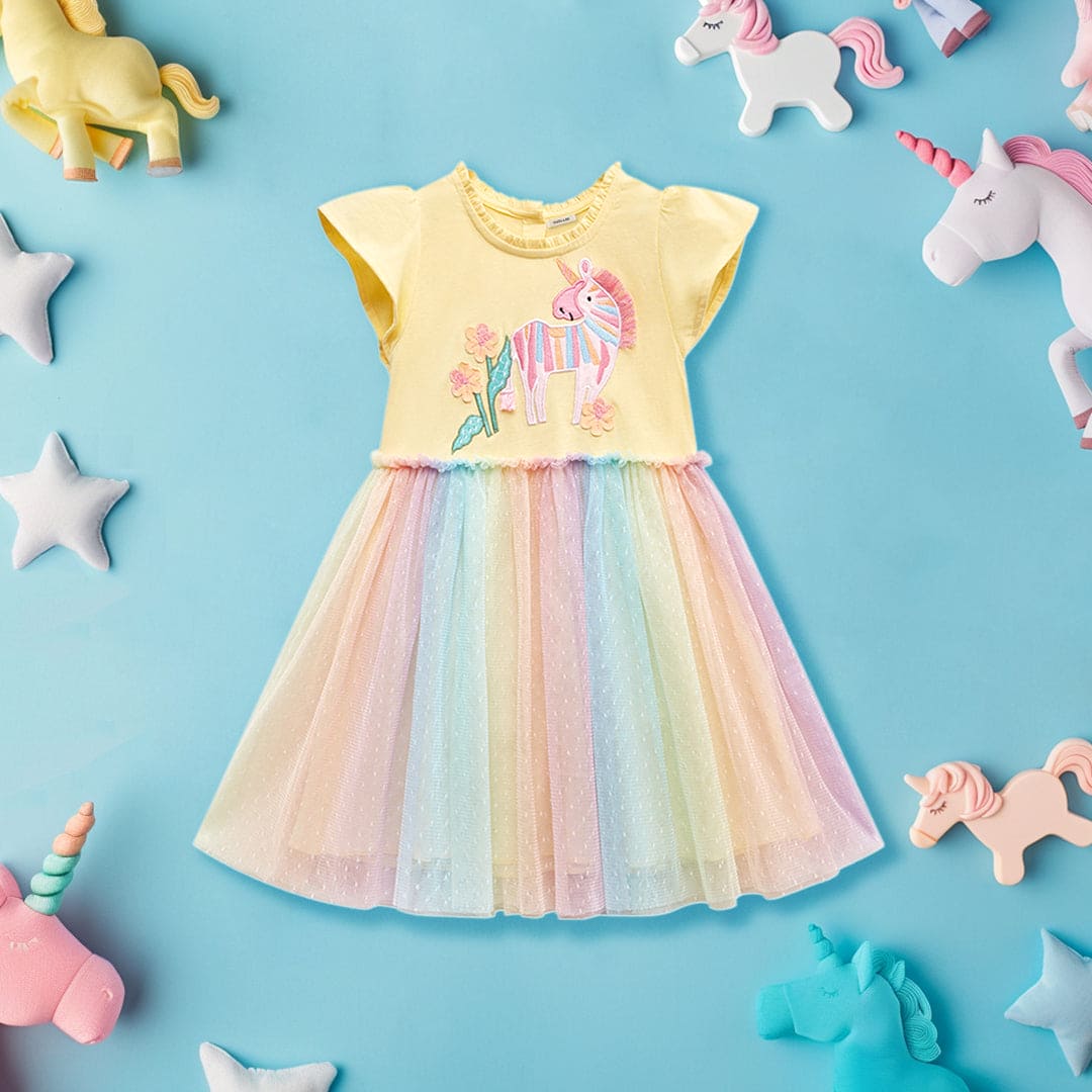 Girls Unicorn Patch with Multicolored Tulle Fit & Flare Dress Casual Dresses Yellow 1-2 Y 