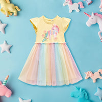 Girls Unicorn Patch with Multicolored Tulle Fit & Flare Dress Casual Dresses Yellow 1-2 Y 