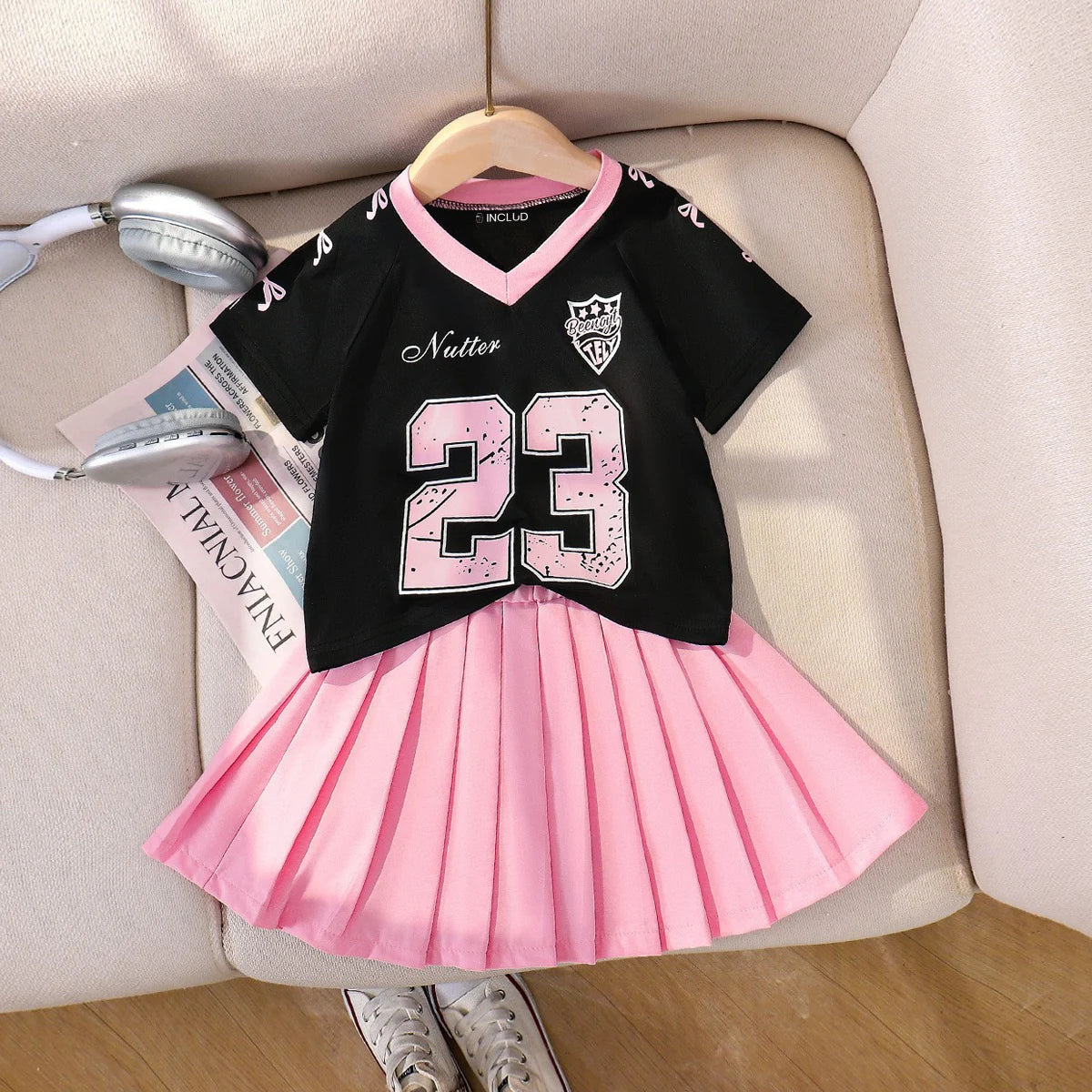 Girls Black Typographic Print Short Sleeve T-Shirt With Pleated Skirt Sets 2 pc. Sets Black 2-3 Y