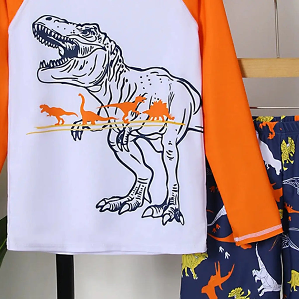 Boys White Dinosaur Printed Long Sleeves T-Shirt & Shorts Swimsuit Sets Sets