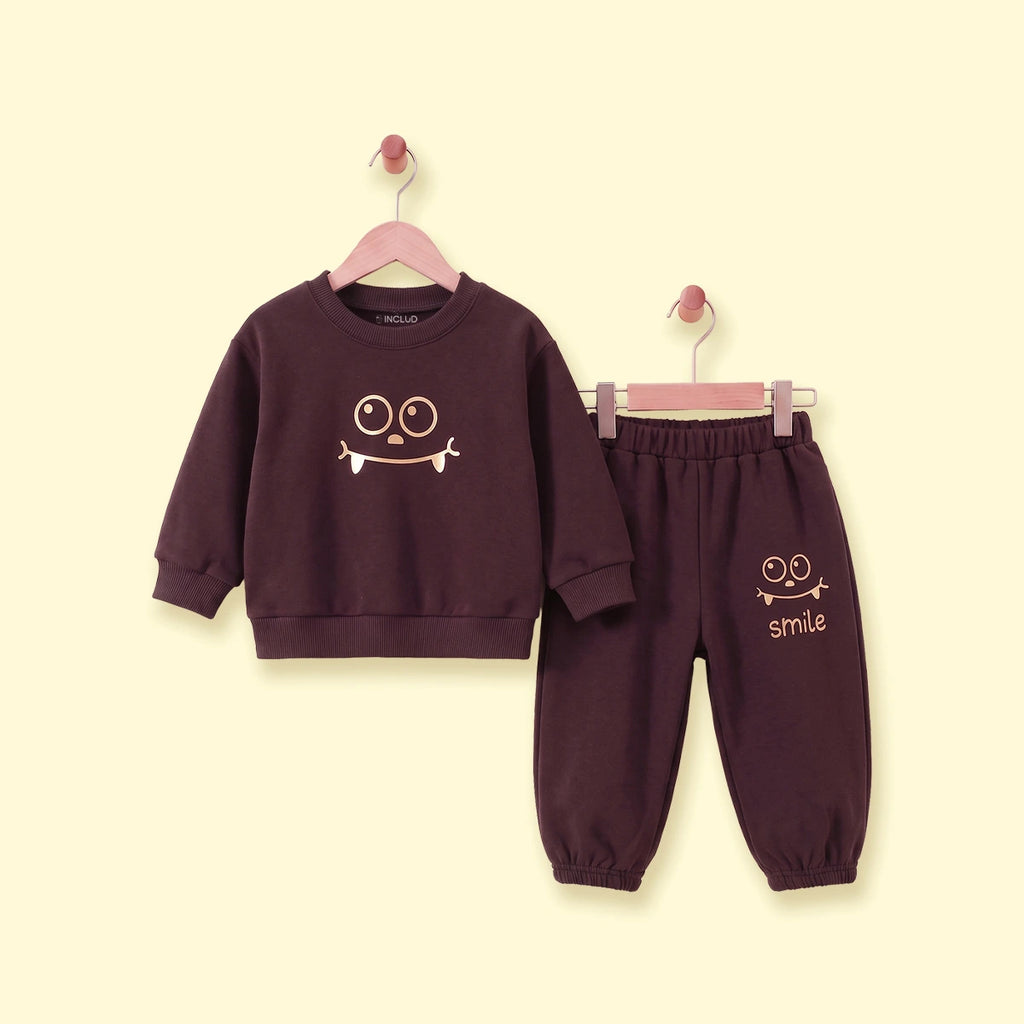 Boys Dark Brown Smiley Printed Sweatshirt & Joggers Co-ord Sets Sets Dark Brown 1-2 Y