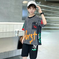 Boys Black Stripes & Typographic Printed Oversized T-Shirt With Shorts Set Sets Black 5-6 Y