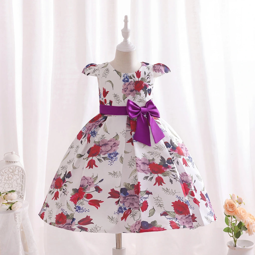 Girls Purple Floral Printed Cap Sleeve Fit & Flare Party Wear Dress Party Dresses Purple 2-3 Y