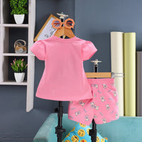 Girls Pink Teddy Bear Graphics Puff Sleeve Top With Printed Shorts Sets Sets