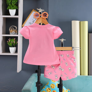 Girls Pink Teddy Bear Graphics Puff Sleeve Top With Printed Shorts Sets Sets