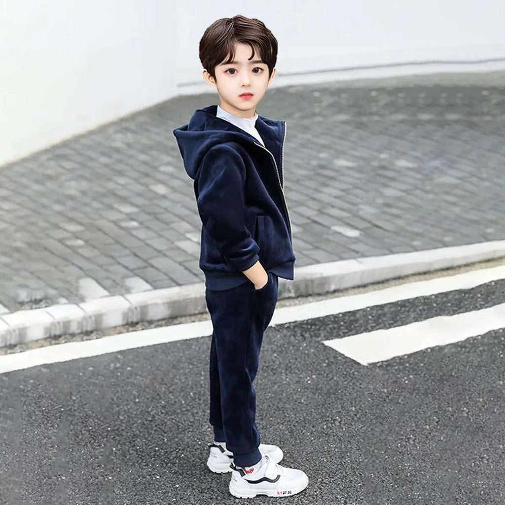 Boys Navy Blue Hooded Zipper Jacket With Jogger Co-ord Sets Sets