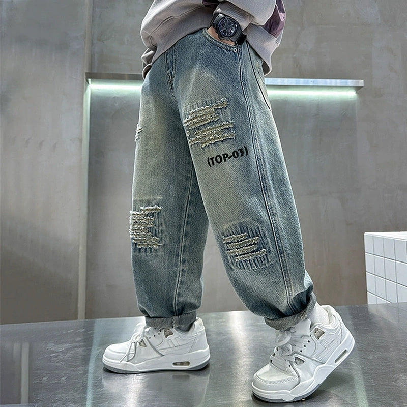 Boys Light Blue Distressed Ripped Loose Fit Denim Jeans Pants