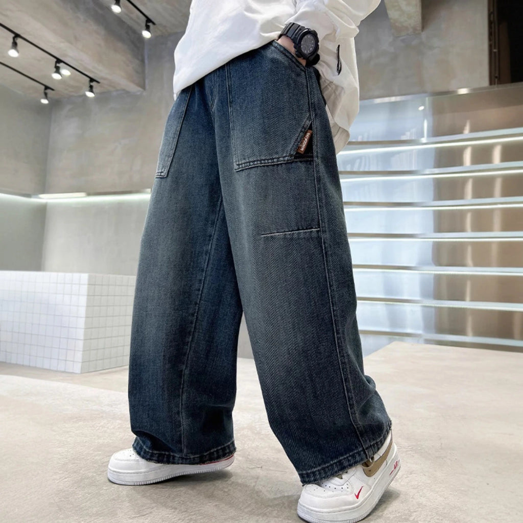 Boys Blue Relaxed Fit Wide Leg Denim Jeans Pants