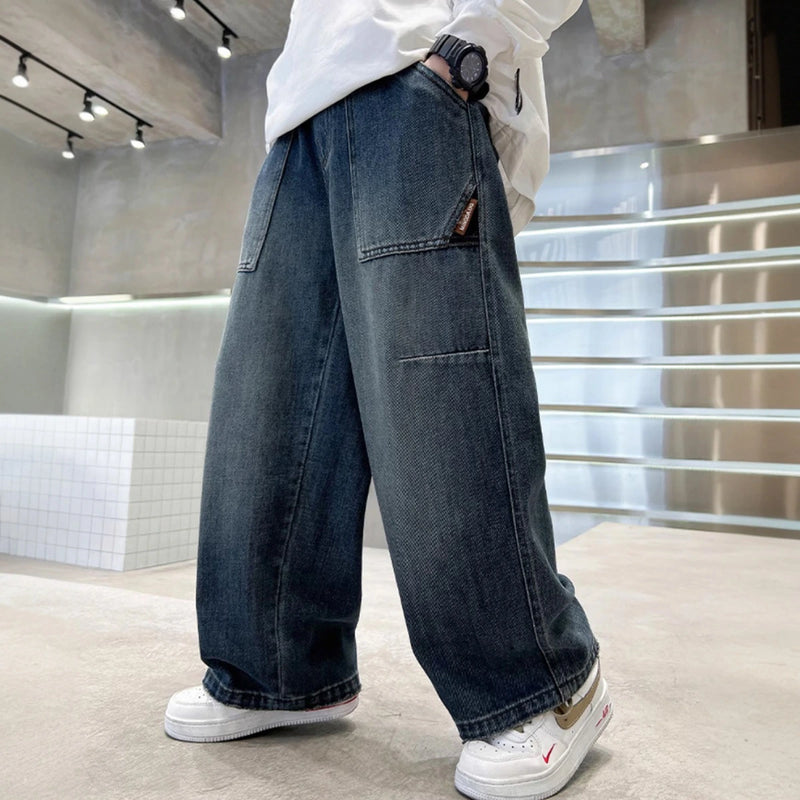 Boys Blue Relaxed Fit Wide Leg Denim Jeans Pants