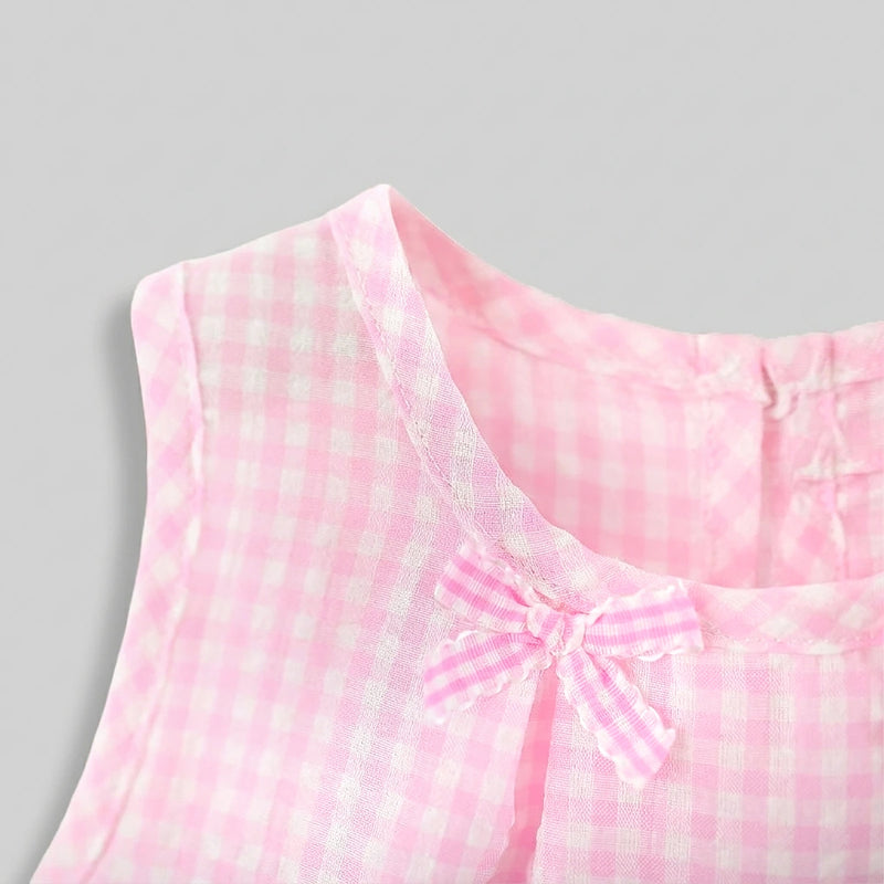 Girls Pink Checked A-line Top With Shorts Sets Sets