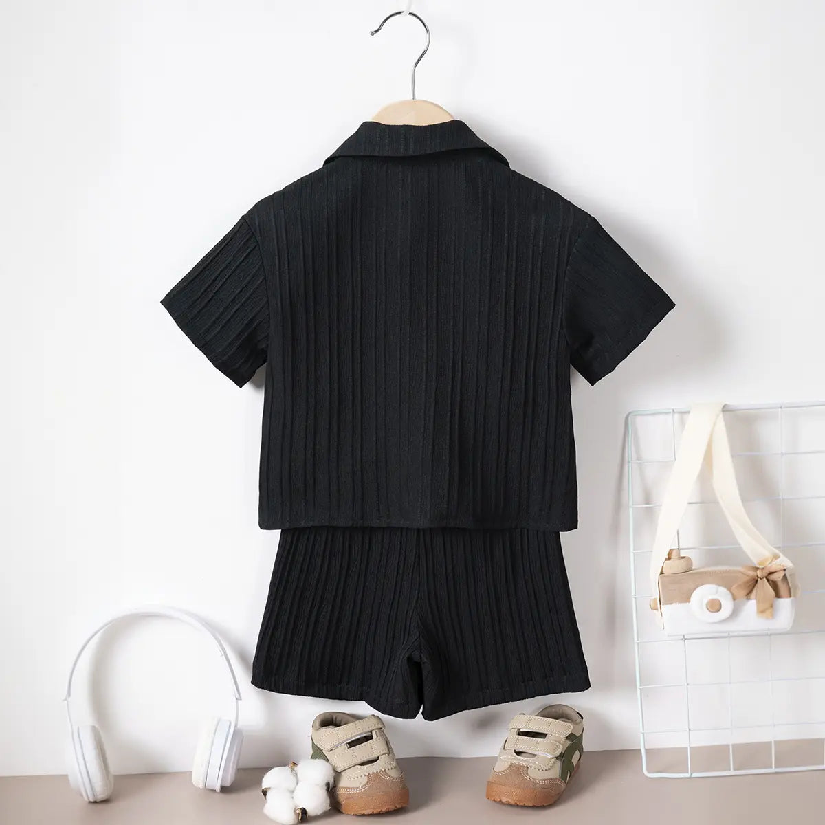 Boys Black Stripe Short Sleeves Shirt With Shorts Co-ord Sets Sets