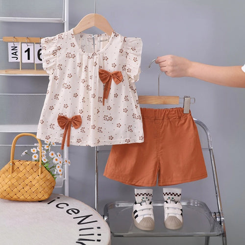 Girls Brown Floral Printed Round Neck Top With Elasticated Shorts Sets 2 pc. Sets Brown 1-2 Y