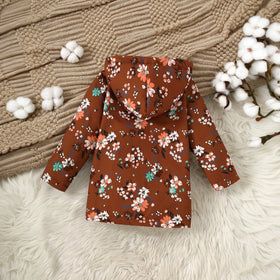 Girls Brown Floral Printed Hooded Front Open Winter Jacket Coats & Jackets