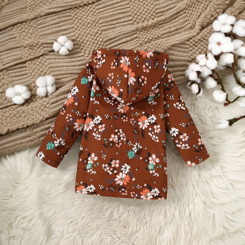 Girls Brown Floral Printed Hooded Front Open Winter Jacket Coats & Jackets