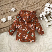 Girls Brown Floral Printed Hooded Front Open Winter Jacket Coats & Jackets