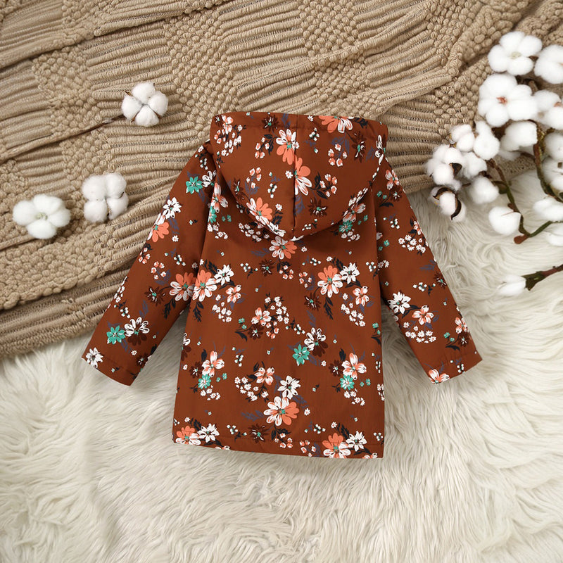 Girls Brown Floral Printed Hooded Front Open Winter Jacket Coats & Jackets