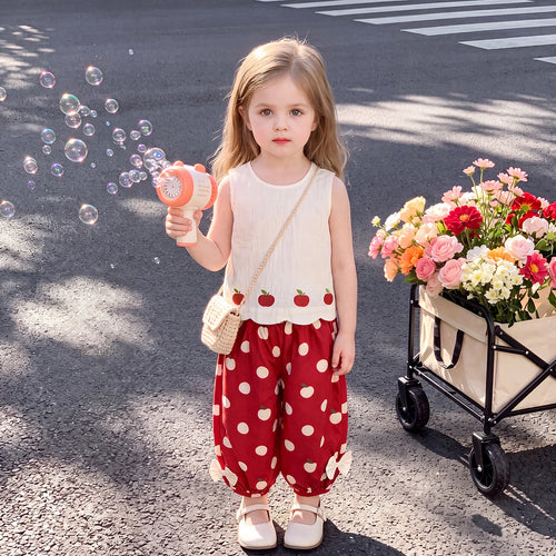 Girls Beige Sleeveless Apple Print Top With Pants Sets 2 pc. Sets Beige 1-2 Y