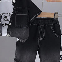 Boys Black Short Sleeve Denim Shirt With Printed T-Shirt And Shorts Sets 3 pc. Sets