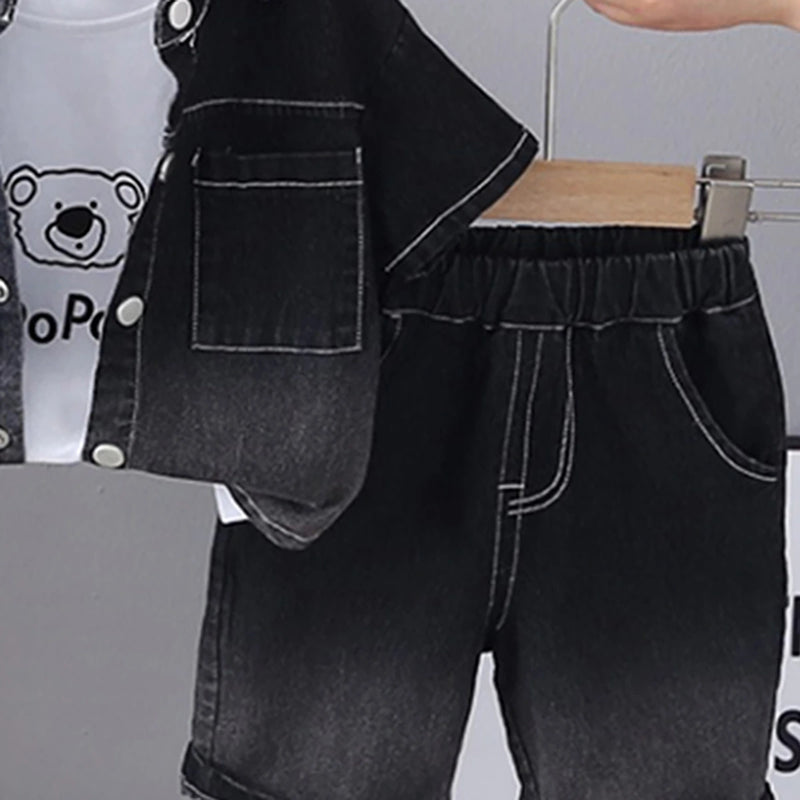 Boys Black Short Sleeve Denim Shirt With Printed T-Shirt And Shorts Sets 3 pc. Sets
