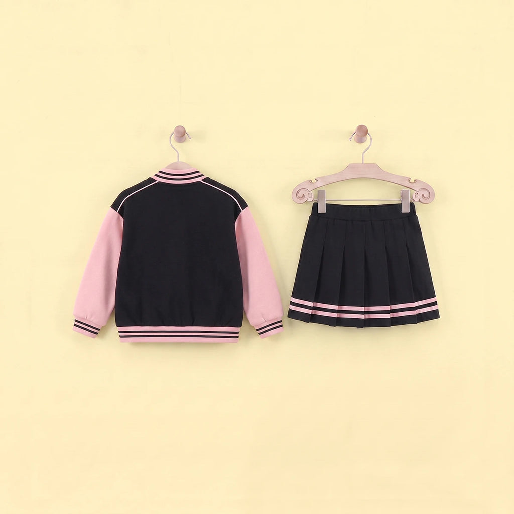 Girls Pink Alphanumeric Printed Varsity Jacket With Pleated Skirt Sets 2 pc. Sets