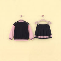 Girls Pink Alphanumeric Printed Varsity Jacket With Pleated Skirt Sets 2 pc. Sets