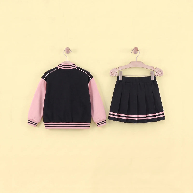 Girls Pink Alphanumeric Printed Varsity Jacket With Pleated Skirt Sets 2 pc. Sets