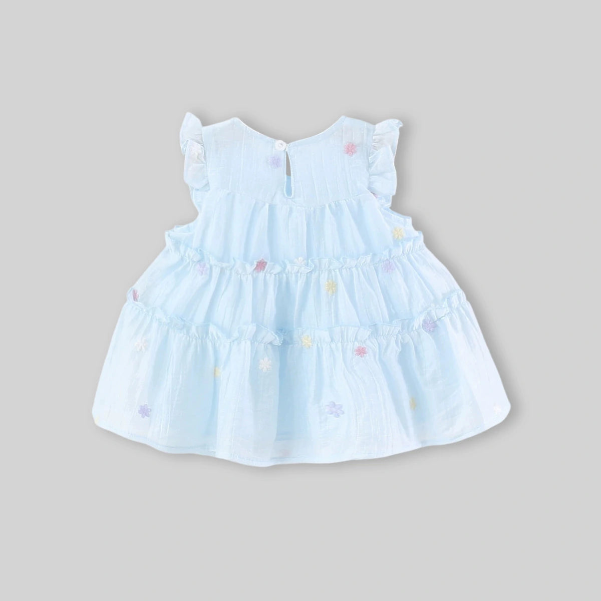 Girls Sky Blue Floral Embroidered Tiered Fit & Flare Dress Casual Dresses