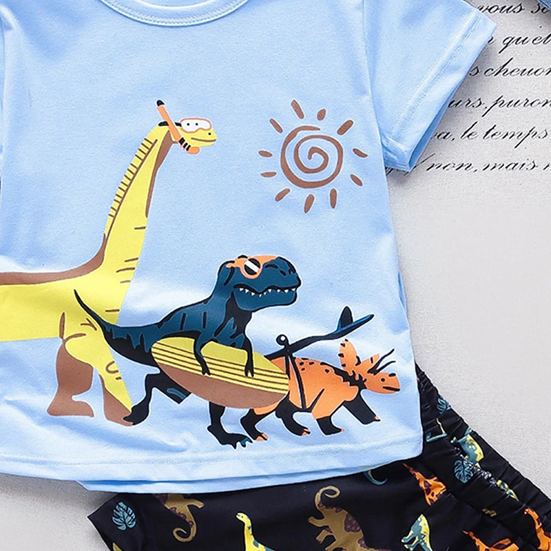 Boys Light Blue Dinosaur Print Short Sleeve T-Shirt With Shorts Sets 2 pc. Sets