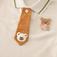 Boys Bear Patch Embroidered Polo T-Shirt With Necktie & Green Shorts Set Sets