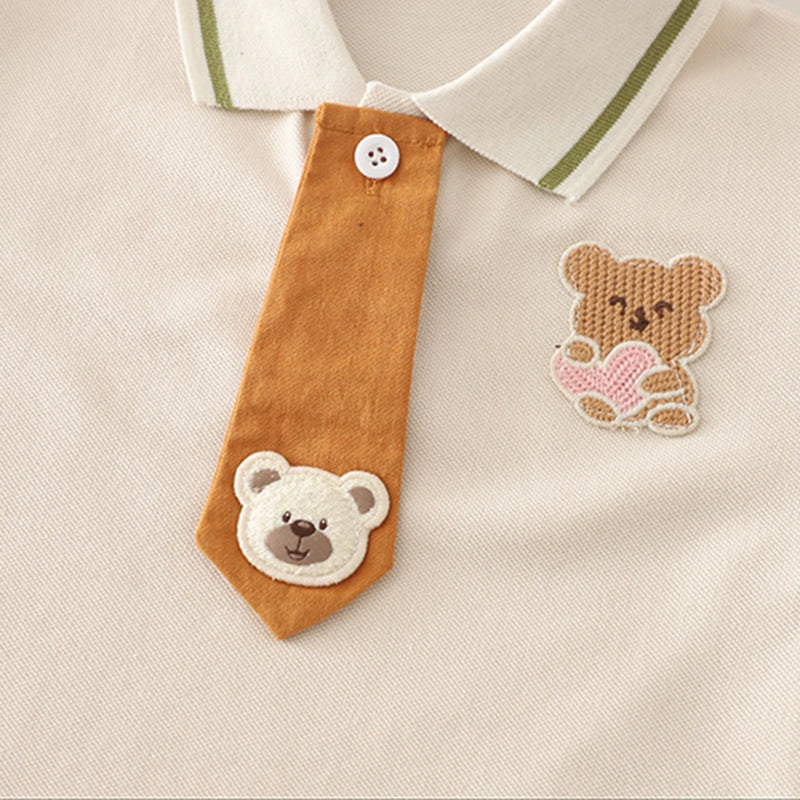 Boys Bear Patch Embroidered Polo T-Shirt With Necktie & Green Shorts Set Sets