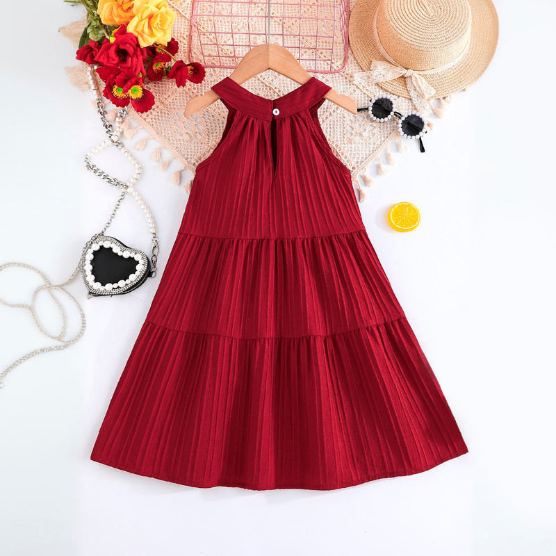 Girls Maroon Texture Panelled Halter Neck A-line Dress Casual Dresses