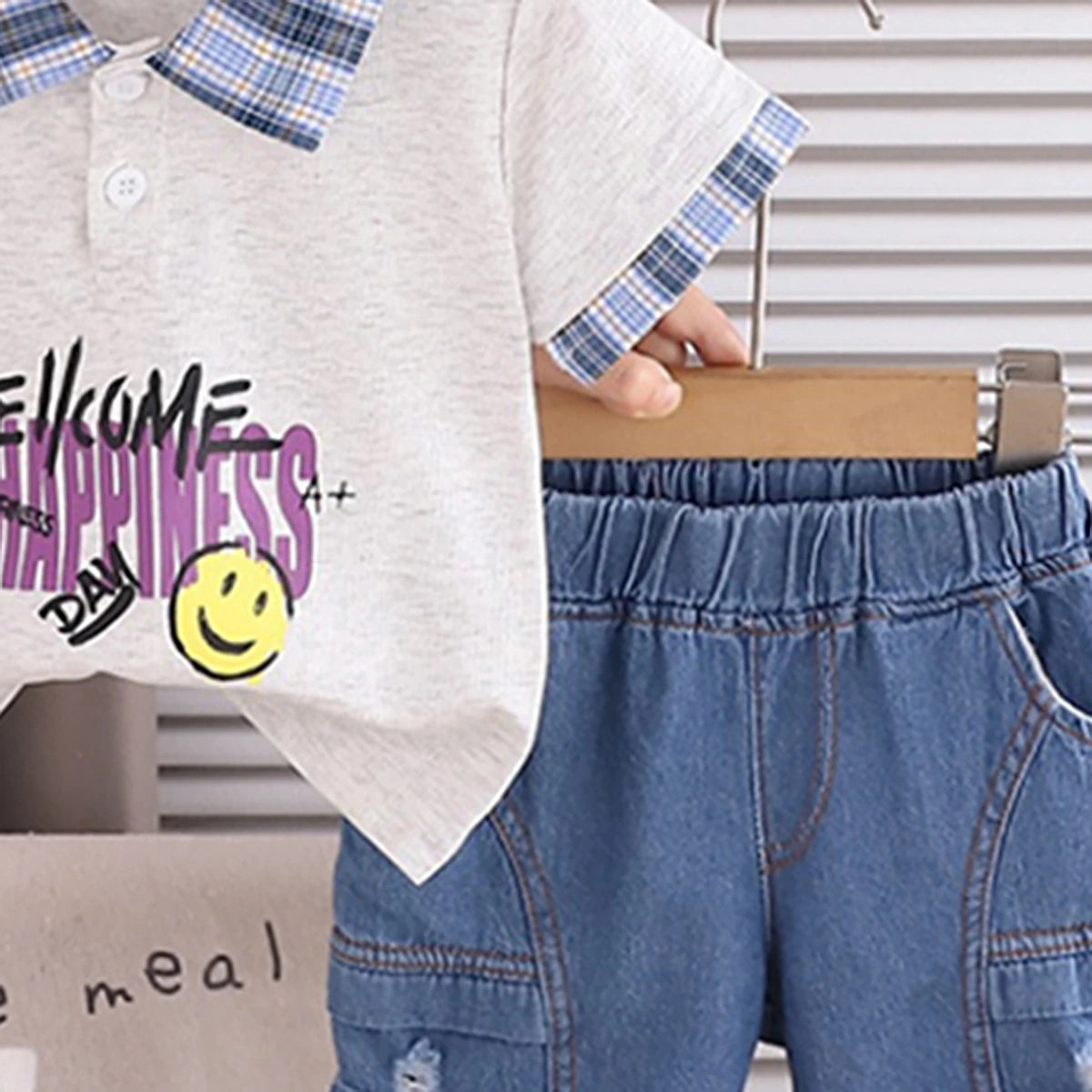 Boys Grey Smiley Graphic Short Sleeve Polo With Denim Shorts Sets 2 pc. Sets