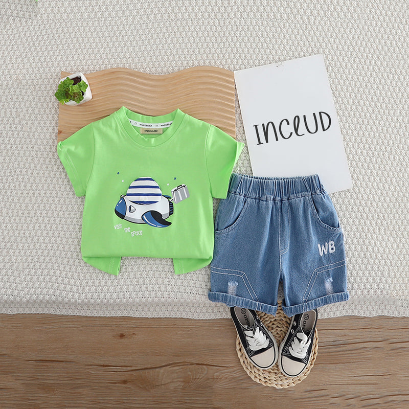 Boys Green Graphic Printed Short Sleeves T-Shirt With Denim Shorts Set 2 pc. Sets