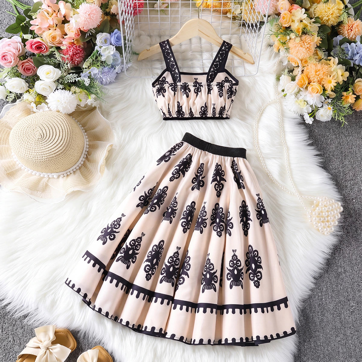 Girls Beige Ethnic Print Sleeveless Top With Skirt Sets 2 pc. Sets