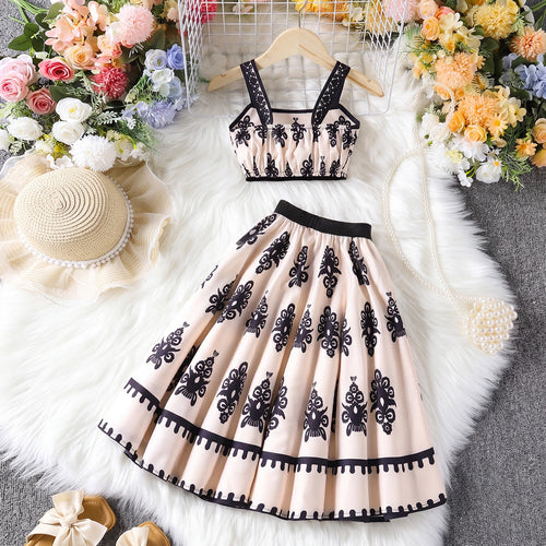 Girls Beige Ethnic Print Sleeveless Top With Skirt Sets 2 pc. Sets