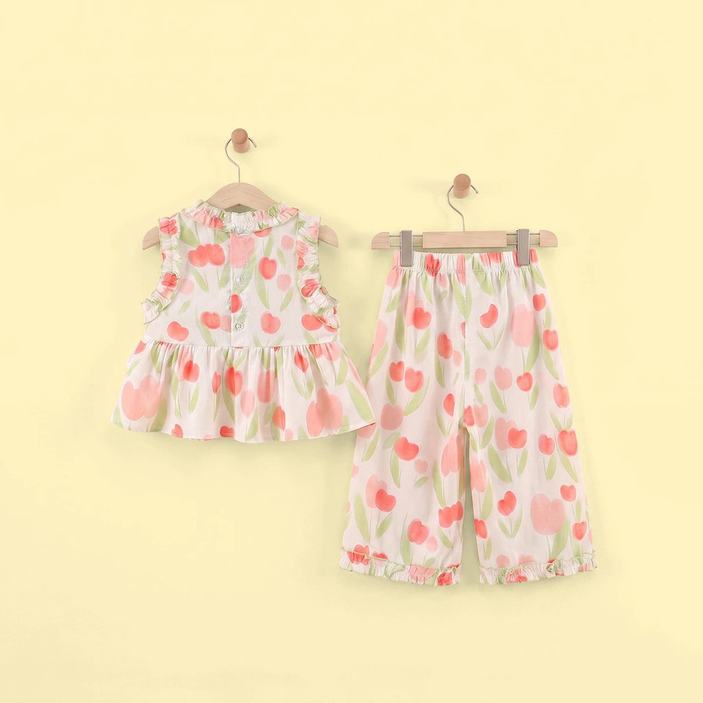 Girls Off White Floral Print Sleeveless Top With Pants Sets 2 pc. Sets
