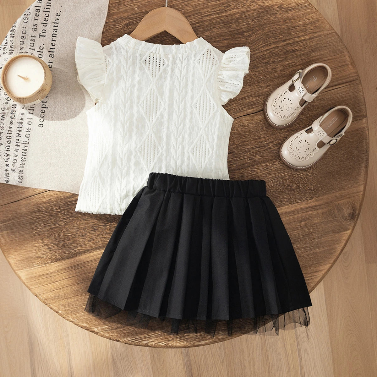 Girls White Flower Applique Flutter Sleeve Top With Skirt Sets 2 pc. Sets