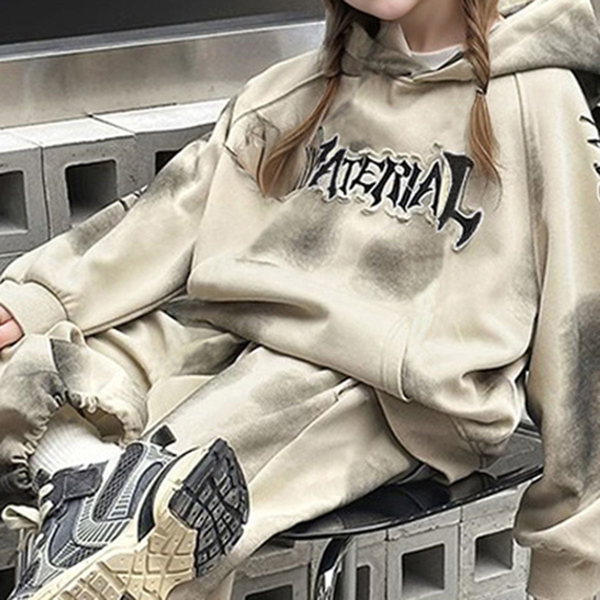 Girls Apricot Abstract Printed Hooded Neck Sweatshirt With Pants Winter Co-ord Set 2 pc. Sets