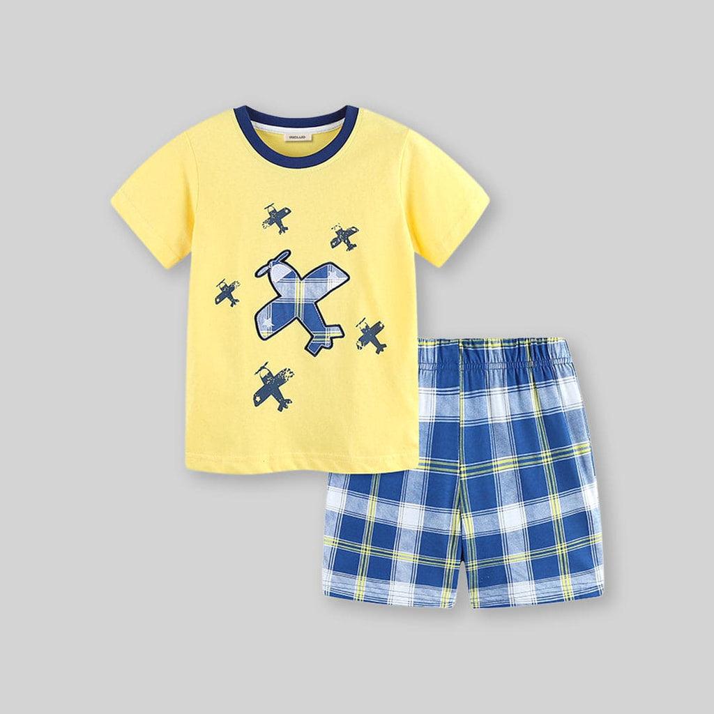 Boys Aeroplane Printed T-Shirt With Checked Shorts