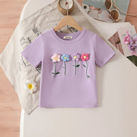 Girls Purple Flowers Applique T-Shirt With Embroidered Denim Shorts Set Sets