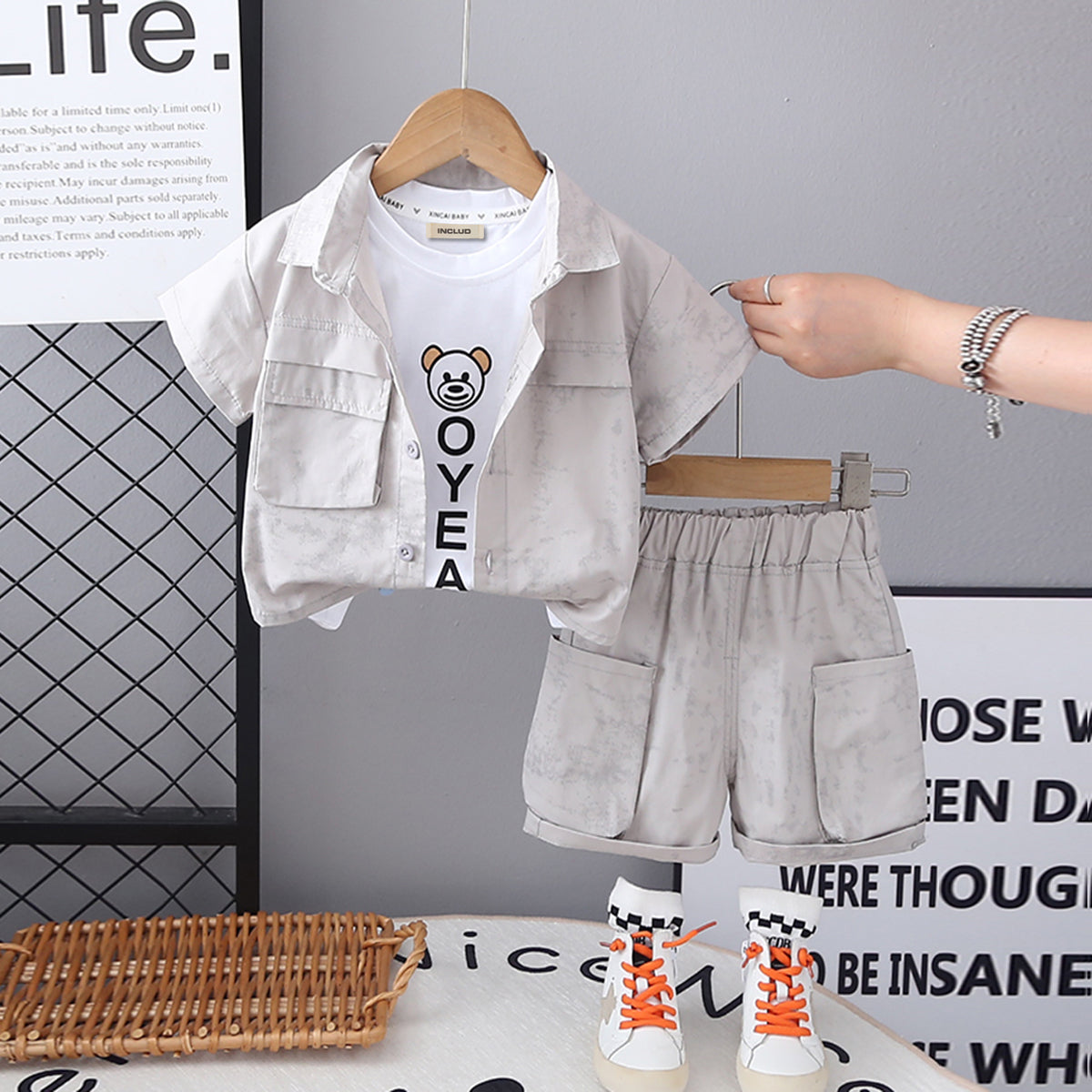 Boys Grey Tie & Dye Printed Shirt With Inner Tee And Cargo Shorts Set 3 pc. Sets Grey 1-2 Y