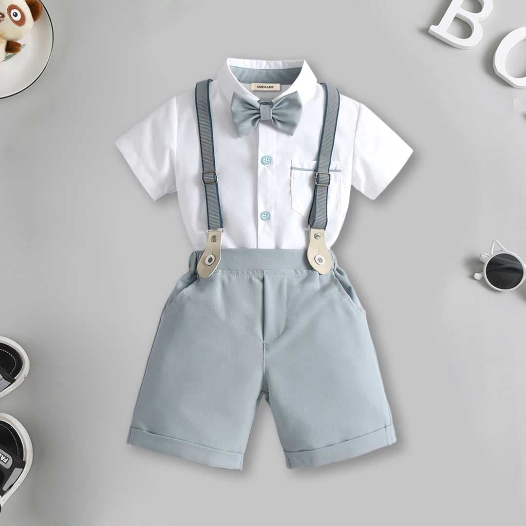Boys Short Sleeve Shirt With Suspender Shorts Set Sets Grey 1-2 Y 